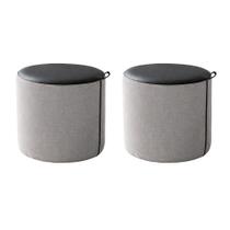 Kit 2 Puffs Requinte Redondos Decorativos Design Moderno Sala Premium - Couro Preto/linho Cinza