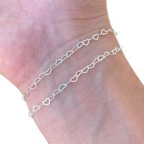 Kit 2 Pulseira Feminina de Prata 925 Legítima Elos Corações