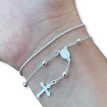 Kit 2 Pulseira Feminina Terço e Cordão Baiano Prata 925 Legítima Maciça Original Kit 2 Pulseira Feminina Terço e Cordão Baiano Prata 925 Legítima Maciça Original