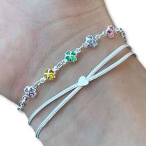 Kit 2 Pulseira Feminina Trevo Pedra Zircônia Colorida e Dois Fios Coração Prata 925 Legítima Maciça Original Kit 2 Pulseira Feminina Trevo Pedra Zircônia Colorida e Dois Fios Coração Prata 925 Legítima Maciça Original