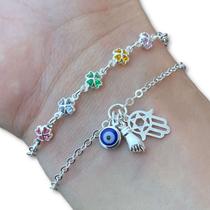 Kit 2 Pulseira Feminina Trevo Pedra Zircônia Colorida e Patuá Amuleto Figa Olho Grego Mão de Fátima Prata 925 Legítima Maciça Original