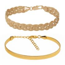 Kit 2 Pulseira Laminada e Trançada 6 fios Folheada Ouro 18k