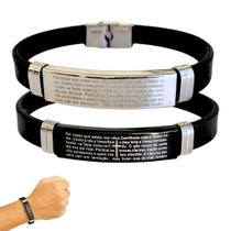 Kit 2 Pulseira Masculina Ajustavel Silicone com Placa Oração Pai Nosso Aço Inox Dia dos Pais