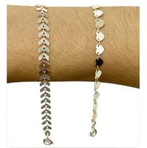 Kit 2 Pulseiras Braceletes Feminina Folheadas Prata 925