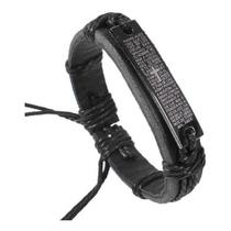 Kit 2 Pulseiras De Couro Brand Preto Com Oração Pai Nosso