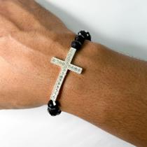Kit 2 pulseiras elástico missanga crucifixo strass clássica estilosa