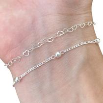 Kit 2 Pulseiras Elos de Corações Bolinha Prata 925 Feminina