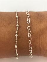 Kit 2 Pulseria Bolinha Coração Prata Legitima 925 Kit 2 Pulseria Bolinha Coração Prata Legitima 925
