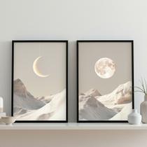 Kit 2 Quadr Lua Boho Branco Cinza 45x34cm Mold Preta Kit 2 Quadr Lua Boho Branco Cinza 45x34cm Mold Preta