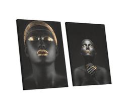 Kit 2 Quadro Decorativo Tela Canvas Tecido Sala Quarto Decoração Mulher Negra Maquiagem Dourada Temas Africanos 80x60cm