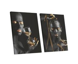 Kit 2 Quadro Decorativo Tela Canvas Tecido Sala Quarto Decoração Tema Africano Mulheres Negras Detalhes Dourado 80x60cm