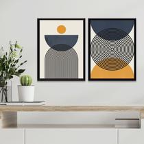 Kit 2 Quadros Abstrato Círculos Azul E Mostarda 45x34cm - com vidro