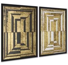 Kit 2 Quadros Abstratos Efeito 3D - Preto Branco Ouro 33x24cm