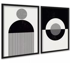 Kit 2 Quadros Abstratos Formas e Linhas Preto e Branco 33x24cm - com vidro