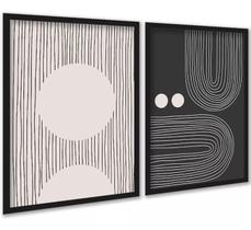 Kit 2 Quadros Abstratos Linhas Preto E Bege - Formas 24X18Cm