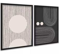 Kit 2 Quadros Abstratos Linhas Preto e Bege - Formas 24x18cm