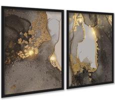 Kit 2 Quadros Abstratos Marmore Dourado Marrom 33x24cm