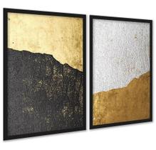 Kit 2 Quadros Abstratos Rústicos Preto Dourado 33x24cm - com vidro