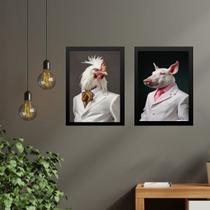 Kit 2 Quadros Animais - Porco e Galo Elegantes 45x34cm - com vidro