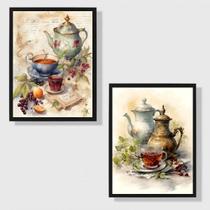 Kit 2 Quadros Aquarela Chá Retrô 24x18cm - com vidro