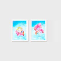 Kit 2 Quadros Aquarelado Urso, Avião e Balões