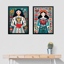 Kit 2 Quadros Art Folk - Mulher Coração 45x34cm - com vidro