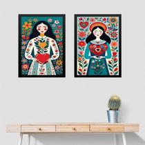 Kit 2 Quadros Art Folk - Mulher Coração 45X34Cm