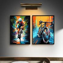 Kit 2 Quadros Arte Colorida Bike - Ciclista 45X34Cm - Vidro