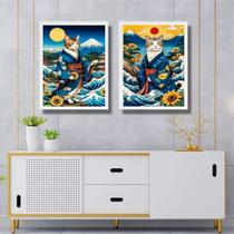 Kit 2 Quadros Arte Japonesa - Gatos De Kimono 33x24cm - com vidro