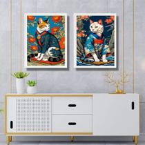 Kit 2 Quadros Arte Oriental - Gatos Kimono 24X18Cm - Vidro