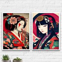 Kit 2 Quadros Arte Oriental Geishas 33X24Cm - Vidro Branca