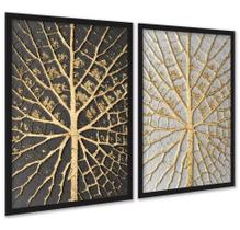 Kit 2 Quadros Árvores Raízes Preto Branco Dourado 24x18cm