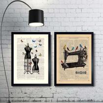 Kit 2 Quadros Atelier Costura Pássaros E Borboletas 33X24Cm