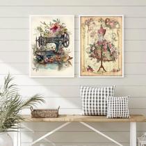 Kit 2 Quadros Atelier De Costura- Máquina Com Flores 33x24cm