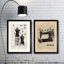 Kit 2 Quadros Atelier De Costura - Pássaros e Borboletas 24x18cm - com vidro