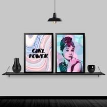Kit 2 Quadros Audrey Girl Power 24X18Cm Moldura Branca