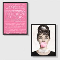 Kit 2 Quadros Audrey I Believe In Pink 33x24cm - com vidro