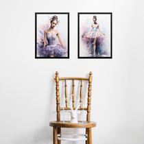 Kit 2 Quadros Bailarina Lilás - Aquarela 24x18cm - com vidro Kit 2 Quadros Bailarina Lilás - Aquarela 24x18cm - com vidro