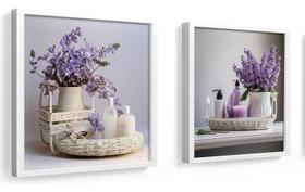 Kit 2 Quadros Banheiro, Lavabo, Vasos, Flores, Lilás C/Vidro