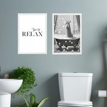 Kit 2 Quadros Banheiro Lhama - Time To Relax 45x34cm Kit 2 Quadros Banheiro Lhama - Time To Relax 45x34cm
