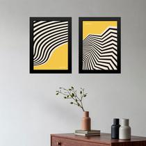 Kit 2 Quadros Bauhaus Listras Curvas - Preto e Amarelo 33x24cm
