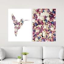 Kit 2 Quadros Beija-Flor Com Flores 45X34Cm Moldura Branca