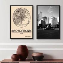 Kit 2 Quadros Belo Horizonte- Mapa E Fotografia 33x24cm - com vidro