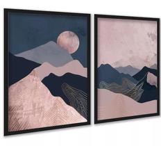 Kit 2 Quadros Boho Montanhas Rosa ul 33X24Cm - Com Vidro