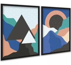 Kit 2 Quadros Bohos Montanhas Azul Verde 33x24cm - com vidro Kit 2 Quadros Bohos Montanhas Azul Verde 33x24cm - com vidro