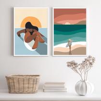 Kit 2 Quadros Bohos Surf 45X34Cm Vidro, Moldura Madeira Br