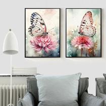 Kit 2 Quadros Borboletas e Flores Aquarela 45x34cm Kit 2 Quadros Borboletas e Flores Aquarela 45x34cm
