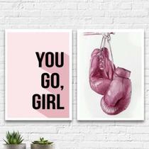 Kit 2 Quadros Boxe You Go Girl 24X18 Com Vidro Madeira Preta