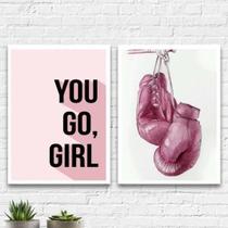 Kit 2 Quadros Boxe You Go Girl 45X34Cm Vidro Moldura Branca