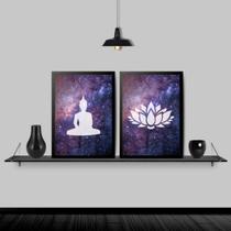 Kit 2 Quadros Buda E Flor De Lotus Galaxia 33x24cm - com vidro